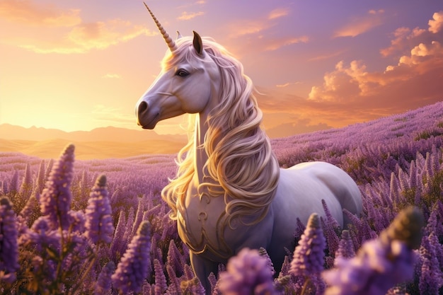 un unicorno in un campo di lavanda