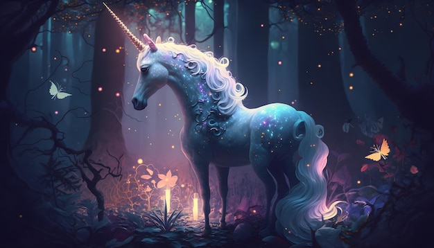Un unicorno in una foresta con una luce accesa