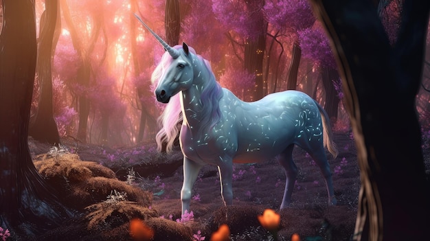 Un unicorno in una foresta viola con uno sfondo viola.