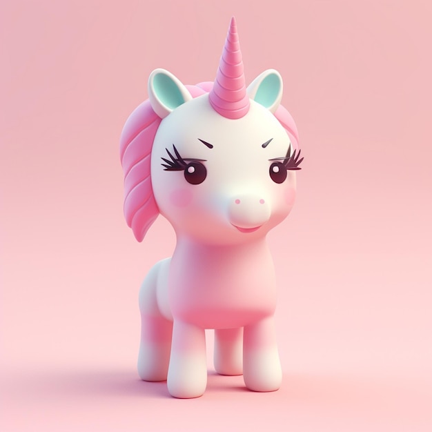 Un unicorno rosa con una criniera rosa e occhi azzurri è su uno sfondo rosa.