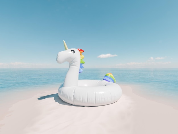 Un unicorno solitario galleggia su un banco di sabbia di un'isola serena