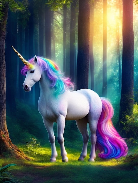 Un unicorno stravagante con un kirin color arcobaleno con una lunga criniera che scorre