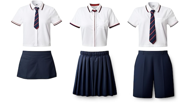 Un'uniforme scolastica bianca e blu con una striscia rossa sul davanti.