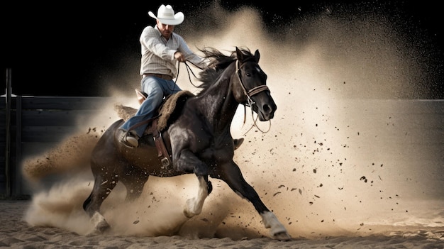 Un uomo a cavallo con un cappello da cowboy.