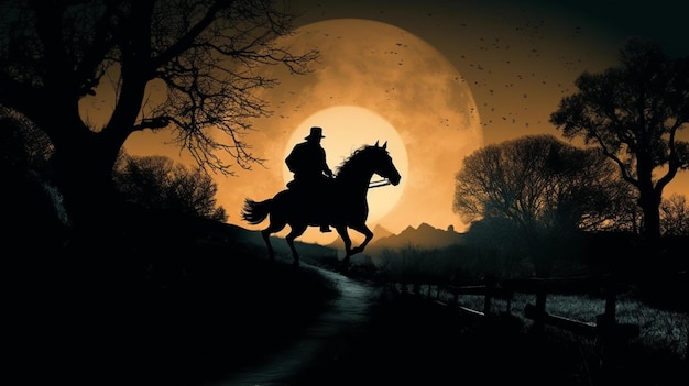 Un uomo a cavallo davanti alla luna piena.