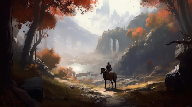 Un uomo a cavallo in una foresta con un castello sullo sfondo.