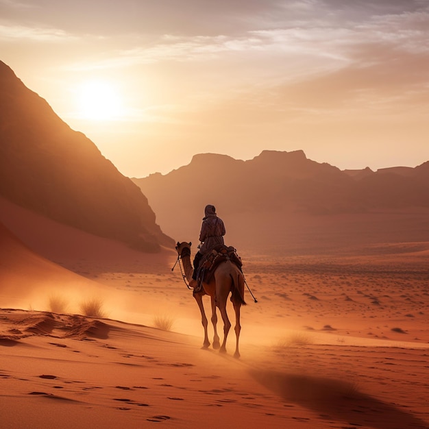 un uomo a cavallo nel deserto al tramonto.