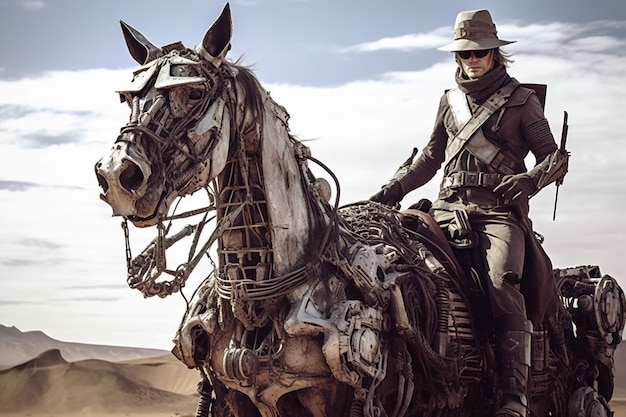 Un uomo a cavallo nel deserto con un cappello da cowboy.