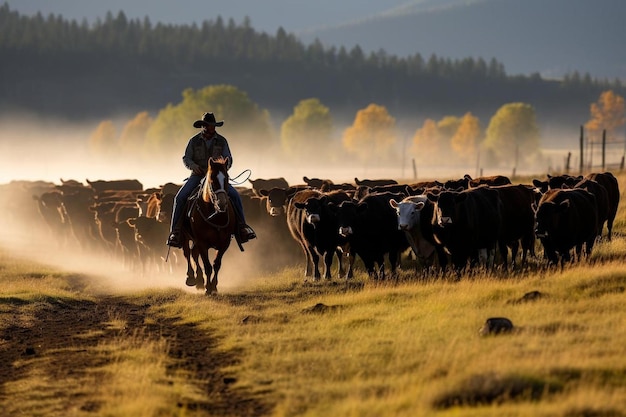 un uomo a cavallo sta allevando il bestiame in un campo