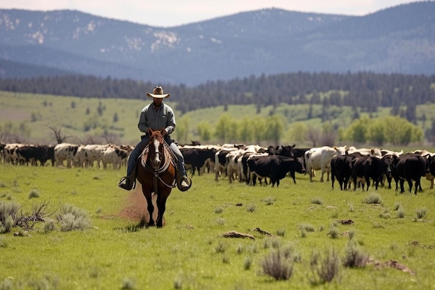 un uomo a cavallo sta guidando un gregge di bestiame