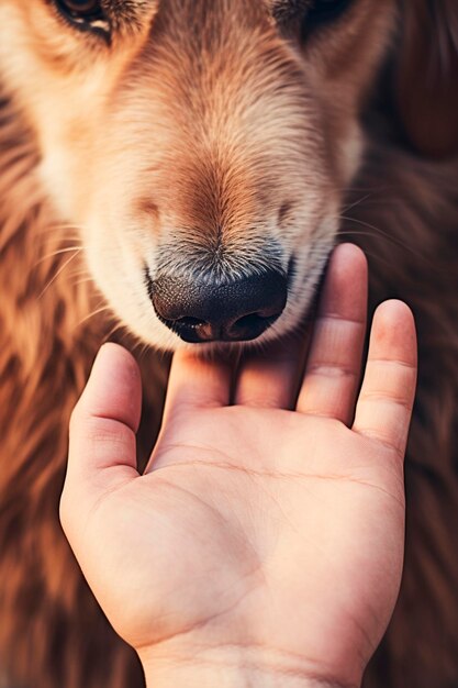 Un uomo accarezza una testa di cane Un animale con IA generativa