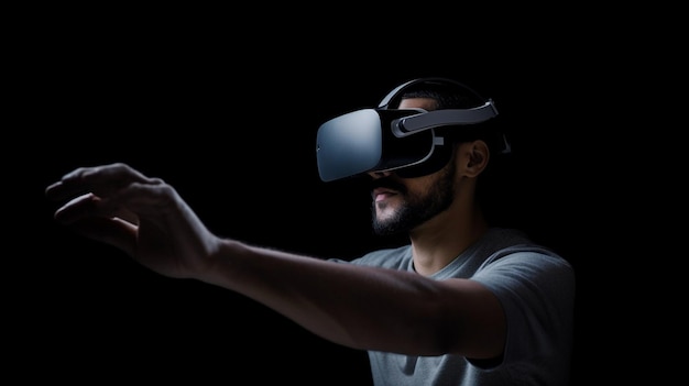 Un uomo adulto barbuto che indossa abiti casuali e un auricolare VR è mostrato in uno studioGenerative AI