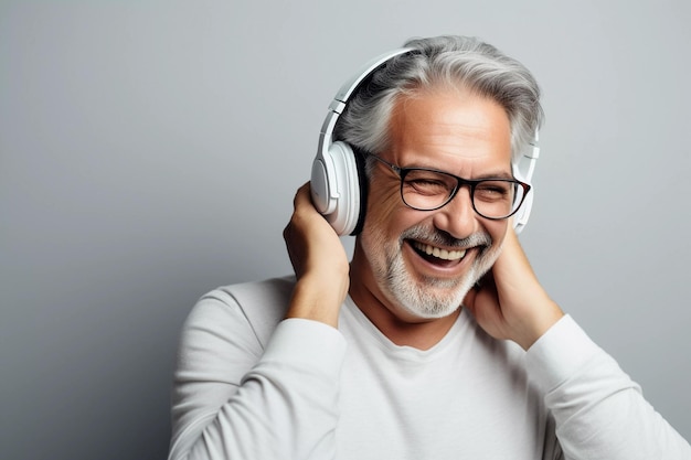 un uomo adulto con le cuffie ascolta musica generata da AI