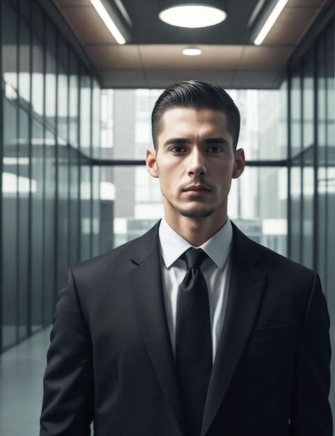 Un uomo adulto in giacca nera si trova davanti all'ufficio