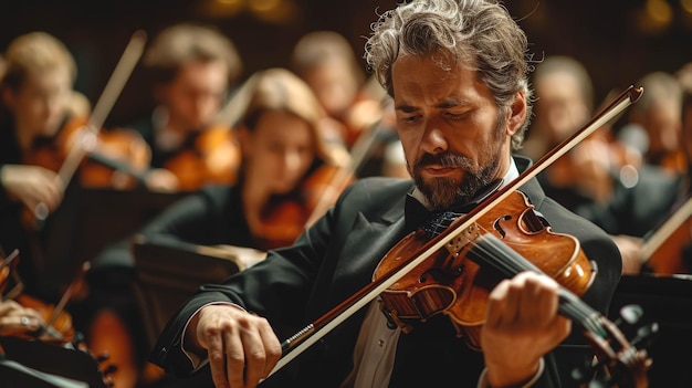 Un uomo adulto suona il violino in un'orchestra sinfonica su uno sfondo sfocato