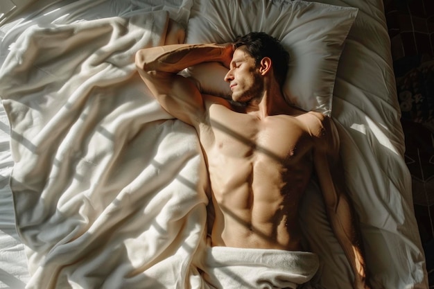 Un uomo affondato si sveglia alla luce mattutina che lo avvolge in un letto morbido un'immagine di pace e rilassamento nel santuario della sua camera da letto