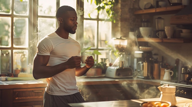 Un uomo afroamericano prende una tazza di caffè nella cucina di casa sua dopo aver lavorato fuori il sole è luminoso e lo spazio AI generativa