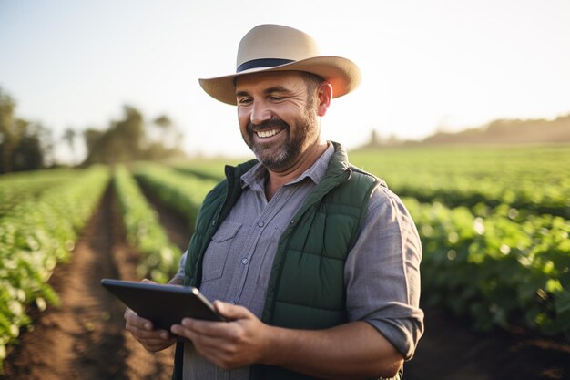 un uomo agricolo sorride mentre lavora in un campo con uno sfondo in stile bokeh