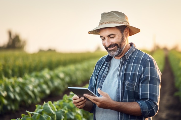 Foto un uomo agricolo sorride mentre lavora in un campo con uno sfondo in stile bokeh