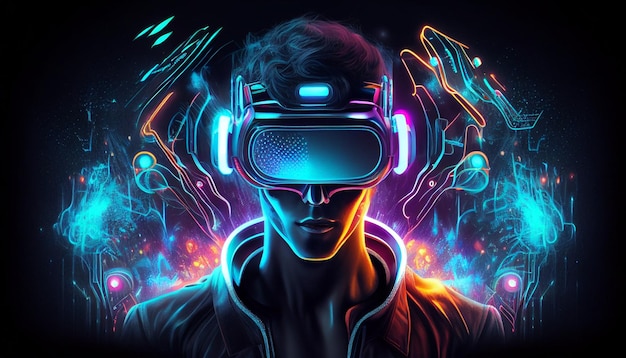 Un uomo al neon che indossa un visore per la realtà virtuale