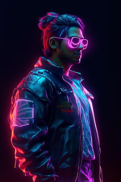 Un uomo al neon, un uomo cyberpunk con giacca al neon