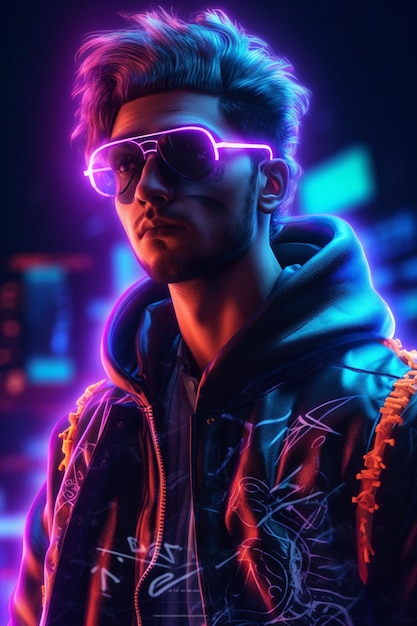 Un uomo al neon, un uomo cyberpunk con giacca al neon