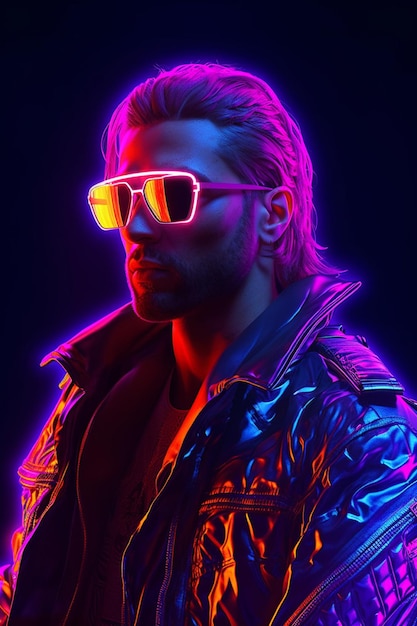 Un uomo al neon, un uomo cyberpunk con giacca al neon