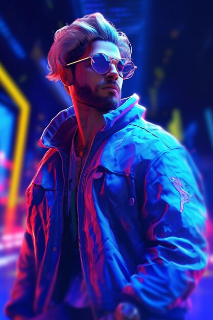 Un uomo al neon, un uomo cyberpunk con giacca al neon