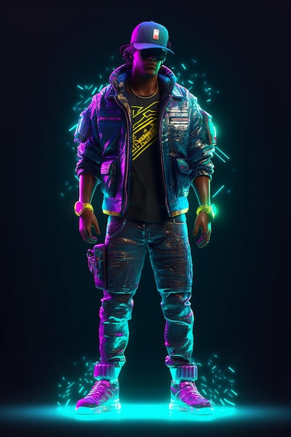 Un uomo al neon, un uomo cyberpunk con giacca al neon