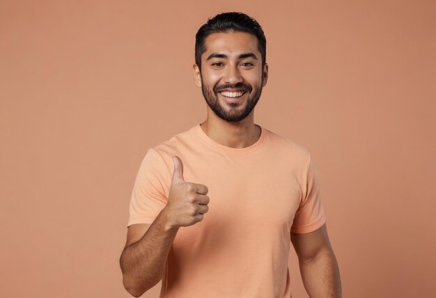 Un uomo allegro con una maglietta arancione dà un pollice in alto il suo sguardo casuale e sorriso luminoso comunicare