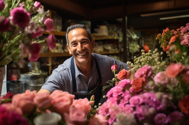 Un uomo allegro e contento si prende cura del suo negozio di fiori e il suo sorriso riflette la gioia che trova nelle sue composizioni floreali