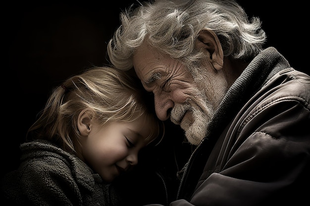 Un uomo anziano abbraccia sua nipote per condividere la sua gioia compassione solidarietà e sostegno
