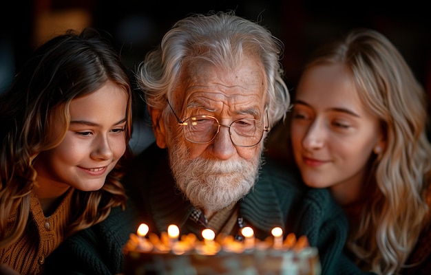 Un uomo anziano accende le candele di compleanno con i suoi cari