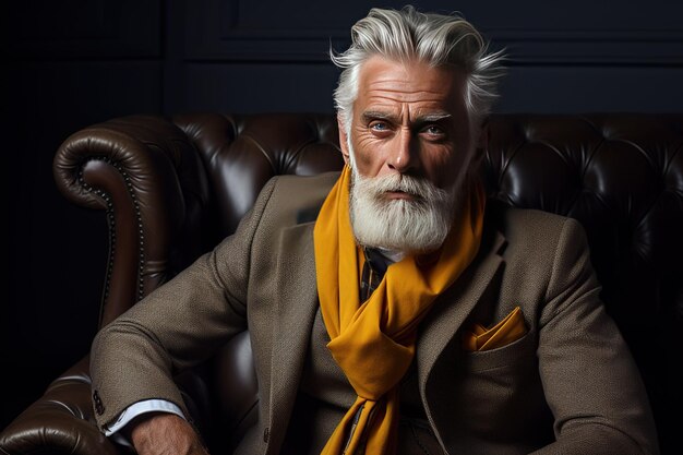 Un uomo anziano alla moda positivo con i capelli grigi e una barba in abiti eleganti e luminosi si siede nello studio contro uno sfondo scuro vecchio hipster sicuro di sé primo piano illuminazione drammatica