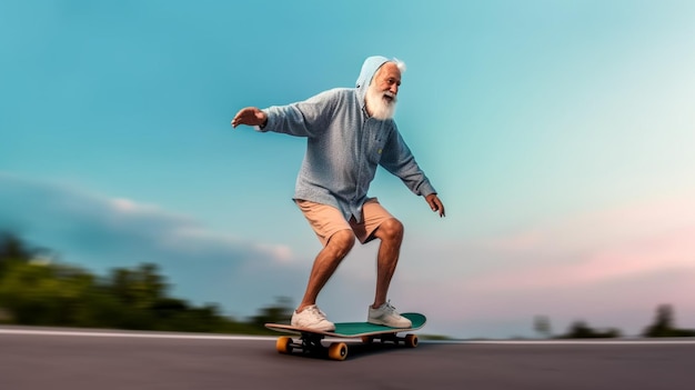 Un uomo anziano barbuto che va su uno skateboard Un vecchio che va su lo skateboard