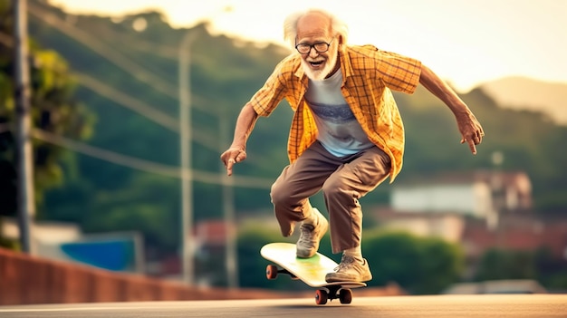 Un uomo anziano barbuto che va su uno skateboard Un vecchio che va su lo skateboard