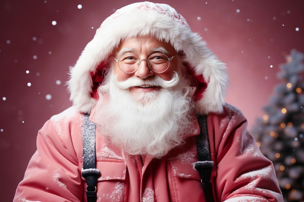 Un uomo anziano carino e grasso con una barba grigia bianca che indossa un cappello di Babbo Natale