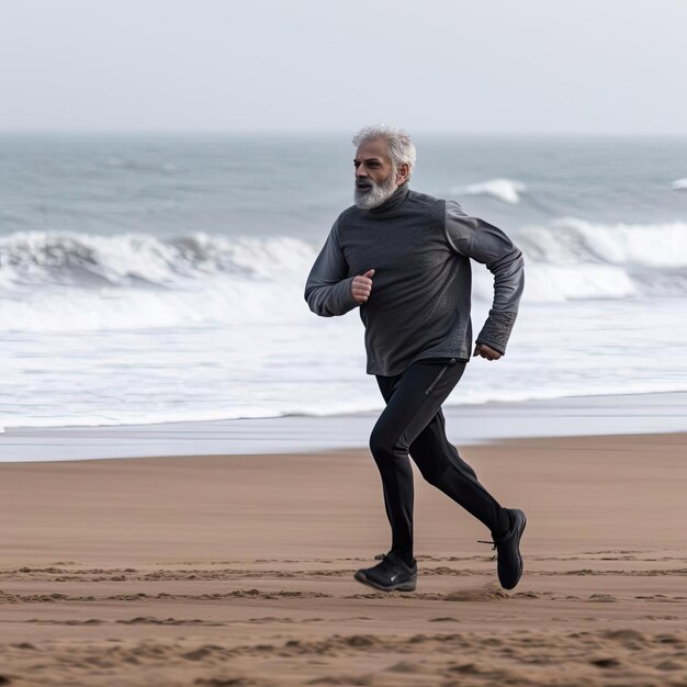 Un uomo anziano che corre sulla spiaggia al mattino