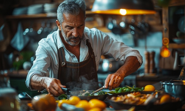 Un uomo anziano che cucina nella cucina di casa sua