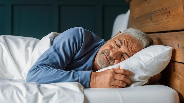 Un uomo anziano che dorme in un letto bianco.