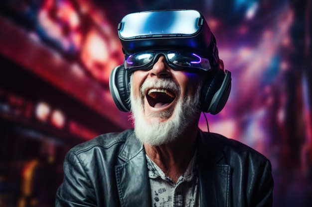 Un uomo anziano che indossa un visore VR che suscita stupore e gioia IA generativa