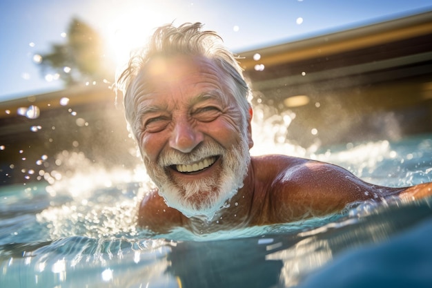 un uomo anziano che nuota in una piscina comunitaria