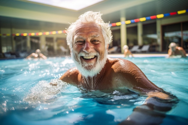 un uomo anziano che nuota in una piscina comunitaria