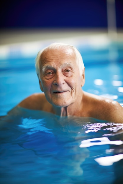 Un uomo anziano che nuota in una piscina creata con l'IA generativa