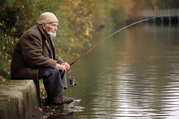 Un uomo anziano che pesca lungo un fiume creato con l'ai generativo