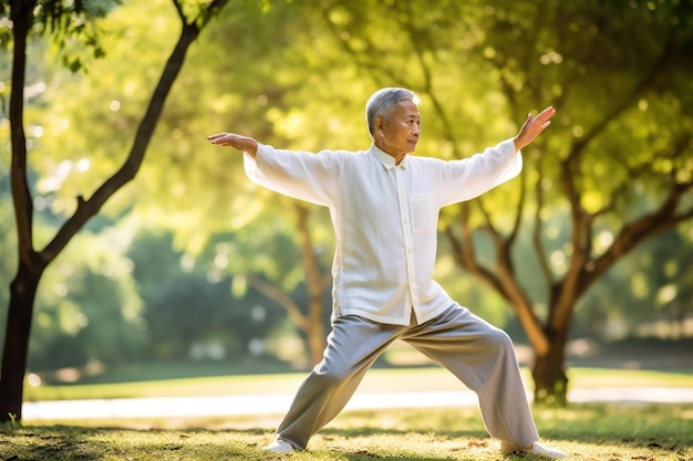 Un uomo anziano che pratica il tai chi in un parco tranquillo