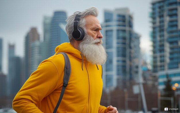 Un uomo anziano che si diverte a fare jogging con le cuffie in un ambiente urbano