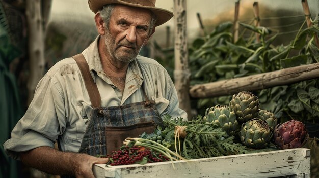 Un uomo anziano che tiene in mano una scatola piena di verdure fresche del suo giardino