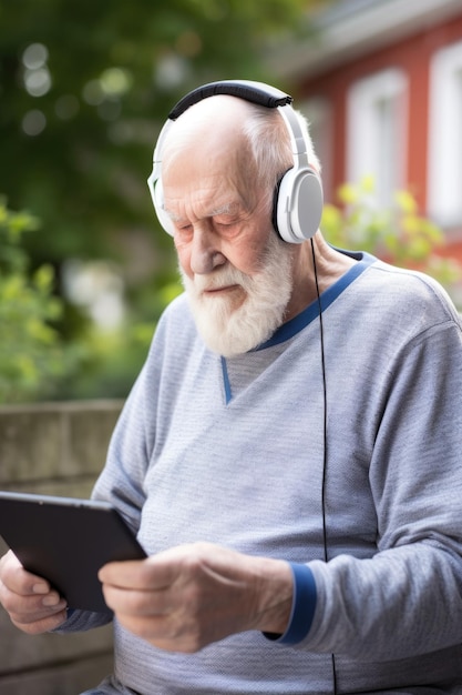 Un uomo anziano che usa un tablet digitale con le cuffie create con l'AI generativa