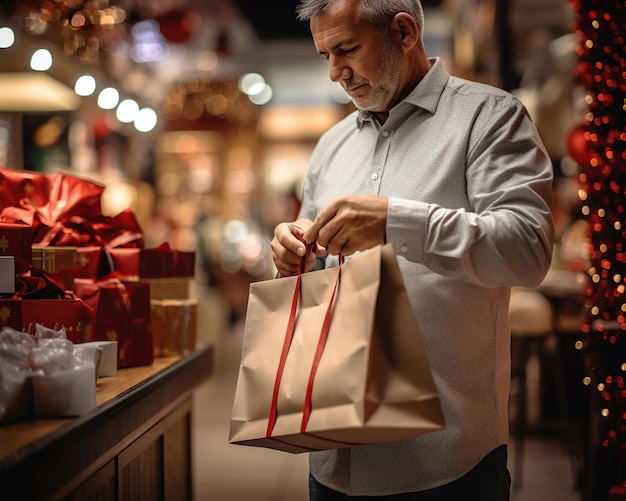 Un uomo anziano compra regali per le vacanze di Natale